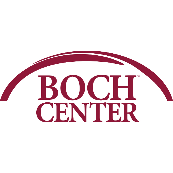 Two maroon brushstrokes create a semi-circular horizon-like shape over the words "Boch Center."