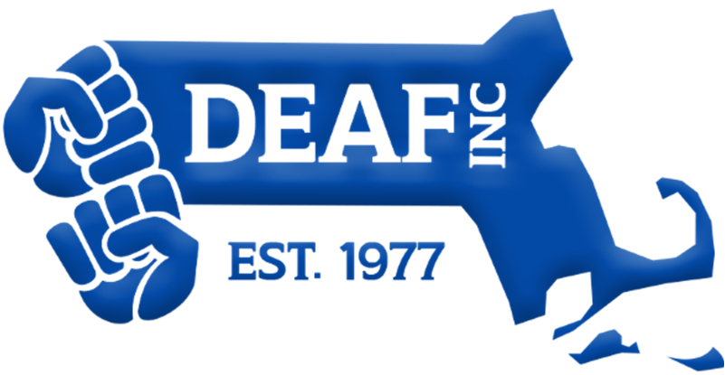 Blue shapes of two closed fists touch one above the other, next to the shape of Massachusetts with the words "DEAF Inc." cut out of the center. Blue text below says "Est. 1977."