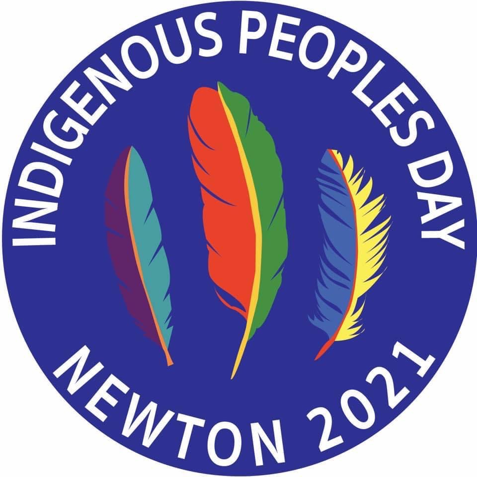 Three colourful feathers are centered in a blue circle. The words "Indigenous Peoples Day Newtown 2021" are written in white in a circular orientation inside.